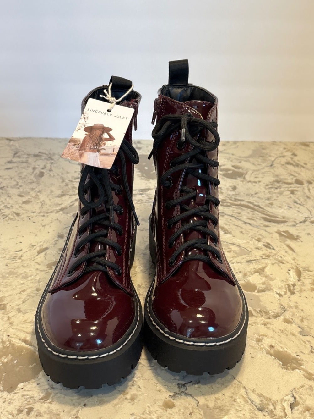 NWT Sincerely Jules Harley Lace Up Combat Boots Burgundy Patent Size 6.5